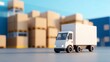© iamtopkritsada - A miniature delivery truck parked in front of storage boxes in an industrial setting, symbolizing logistics and transport.