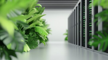 A modern server room surrounded by lush green plants, showcasing a blend of technology and nature for a calming atmosphere.