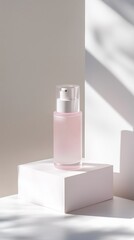 Poster - elegant pink cosmetic bottle displayed on white geometric pedestal with soft shadows