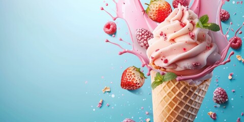 Wall Mural - A colorful summer treat featuring fresh strawberries and creamy pink ice cream