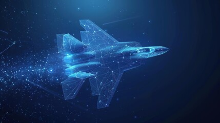 fighter jet in flight from blue abstract polygonal dots. Low poly fighter in motion, lines and connected to form, illustration.