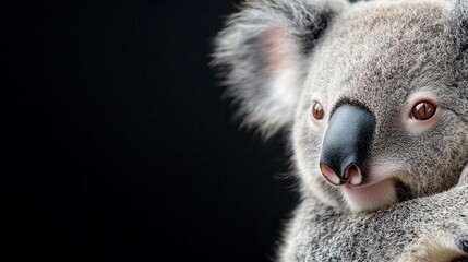 Close-up portrait of a koala against a black background.