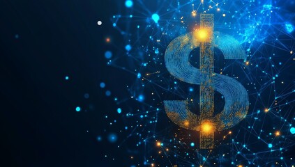 Poster - Glowing Dollar Sign with Abstract Digital Elements on Dark Background. 3D Model.