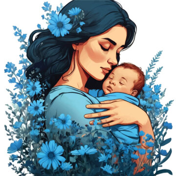 Mother and her newborn adorned with blue flower symbolizing their love avatar vector illustration