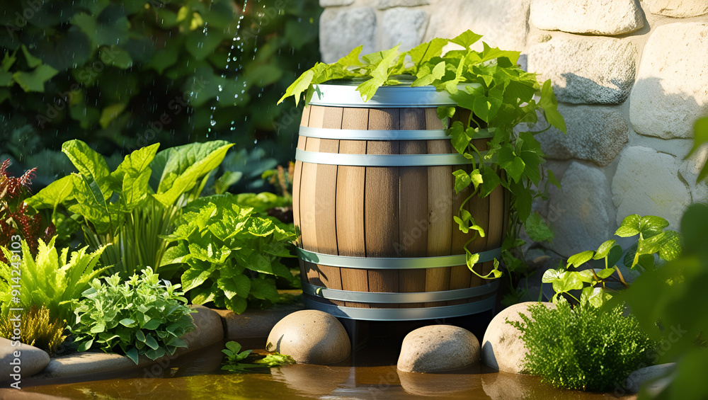 rainwater harvesting system in the garden with barrel, ecological ...