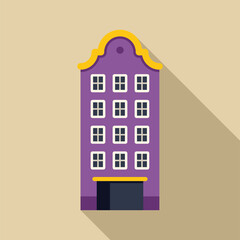 Poster - purple apartment building facade with a yellow roof and trim, casting a long shadow on a beige backg