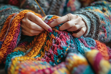 A person knitting a colorful scarf in a quiet room.