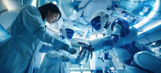 Poster - Scientists Collaborating with Advanced Robots in High-Tech Lab. Generative ai.
