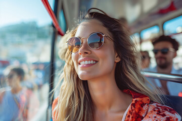 A smiling group of friends enjoying a scenic sightseeing bus tour on a sunny day