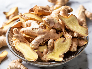 Poster - Fresh Ginger Root Collection Displayed In A Rustic Bowl On A Marble Countertop