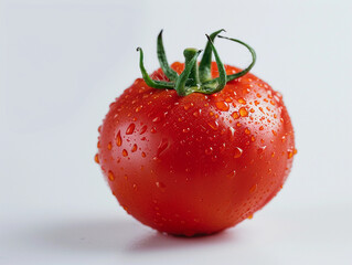 Wall Mural - Freshly Harvested Ripe Red Tomato Glistening With Water Droplets on White Background