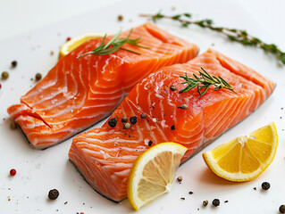 Fresh Salmon Fillets Garnished With Herbs and Citrus on a White Plate