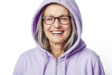 Sticker - Senior woman in a purple hoodie smiles broadly