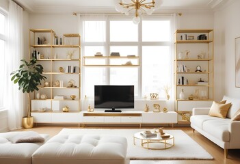 White and gold theme interior modern minimalism photo realism neww Style 3d Paints Doodle Illustration Deep View High Results 4k HD