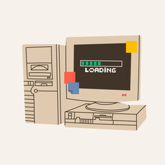 Retro vintage Computer. Old PC with stickers. Loading bar on monitor. Old style technology. Hand drawn trendy Vector illustration. Isolated design element. Vintage gadget. Print, logo, design template