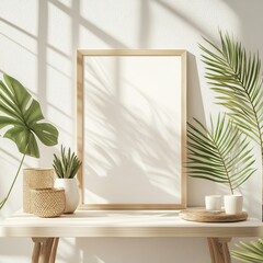 Poster - Poster mockup standing on white background with a wooden frame. 3D rendering.