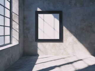 Poster - Three-dimensional rendering of a black frame with poster mockup on a concrete floor.