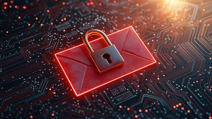 A secure email concept with a red padlock on an envelope, symbolizing digital communication safety and cybersecurity.