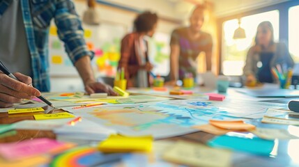 A team collaborates on a project, using sticky notes and a whiteboard to brainstorm ideas.  The image captures a dynamic and creative work environment.