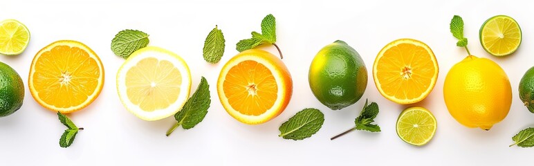 Wall Mural - A row of oranges and limes are displayed on a white background