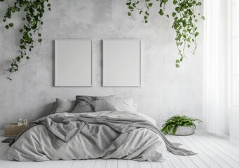 Poster - 3D rendering of a poster mockup with two vertical frames on an empty white wall in a bedroom with a bed, green plaid and plants.