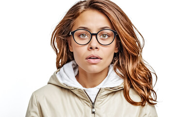 Canvas Print - Young Woman with Surprised Expression Wearing Glasses