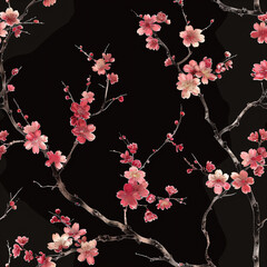 Poster - Pink Cherry Blossoms on Black Background.