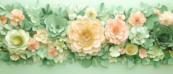 Wall Mural - A stunning arrangement of paper flowers in soft colors on a mint green background, perfect for decorations and crafts.