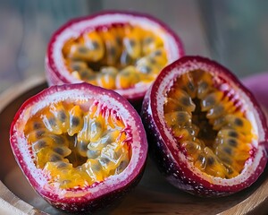 Poster - Vibrant Purple Passion Fruit Halved Showcasing Detailed Seeds and Exotic Sweet Flavor