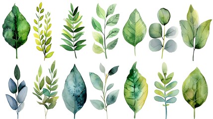 Poster - Diverse Watercolor Leaf Collection on Crisp White Background