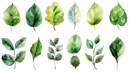 Wall Mural - Vibrant Watercolor Leaf Assortment on Clean White Background for Botanical and Nature Inspired Designs