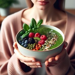 Wall Mural - Person holding a bowl of healthy green smoothie topped with berries, nuts, seeds, and fresh herbs.