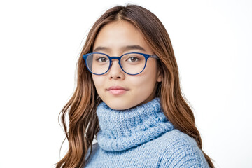 Wall Mural - Portrait of a young woman wearing glasses and a blue sweater