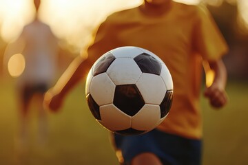 Wall Mural - A young player dribbles a soccer ball on a sunlit field, capturing the essence of play and youthful energy.