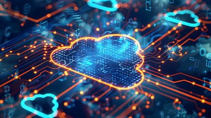 Poster - Futuristic cloud computing technology concept with a digital blue cloud icon, connected data networks, and virtual connections.