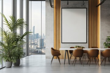 Poster - in this 3d rendering, you can see a modern office interior with a blank poster on the wall, large gl