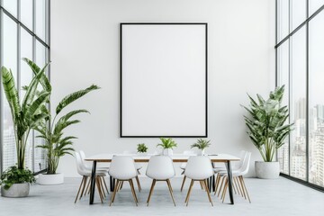 Poster - a modern office interior with a blank poster on the wall, large windows with views of bangkok, and a