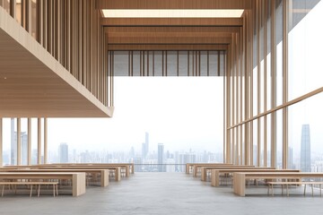 Poster - This modern open office space features a cityscape view, a minimalist interior design and a large plant. Bright workspace concept. 3D rendering.