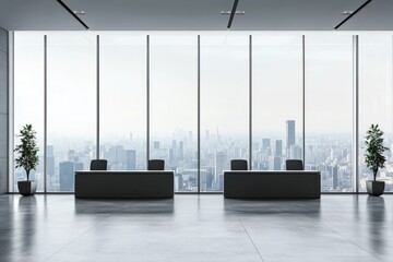 Poster - Featuring a large plant and a cityscape view, this is an open office space with a minimalist interior design. A bright workspace concept can be imagined using 3D imaging.