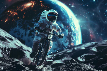 Sticker - Astronaut Riding Bike On Moon With Earth In Background.