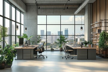 Poster - An open office space with cityscape views, minimalist interior design with a large plant, and a bright workspace concept. 3D rendering.
