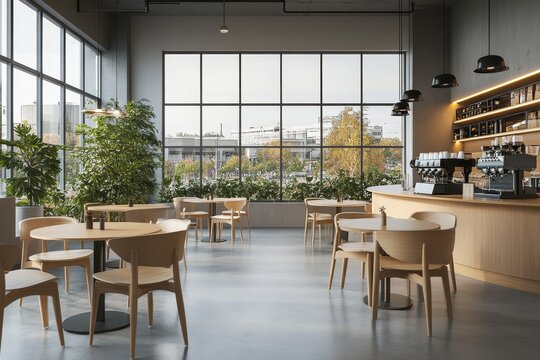 An interior of a modern cafe with wood furniture, large windows, and a light setting. Rendering in 3D of a contemporary cafe with white walls and wooden furniture.