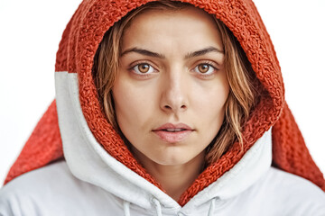 Woman in a Red Knit Hoodie