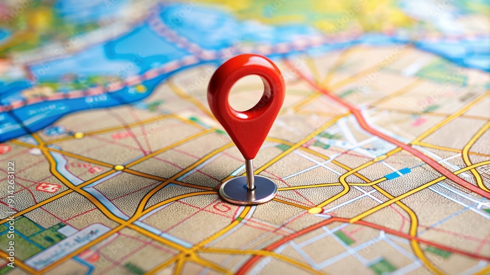 A red pin marker sits on a detailed city map, symbolizing location ...