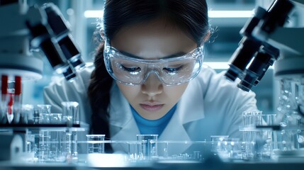 Poster - focused scientist examining samples under microscope in a high-tech laboratory, showcasing dedicatio