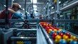 © Miso Ai - A worker in a factory monitors a conveyor belt carrying colorful toy parts.