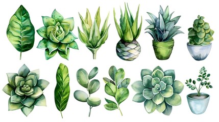 Canvas Print - Detailed Watercolor Succulent Leaves Set on White Background with Fresh Greenery Elements