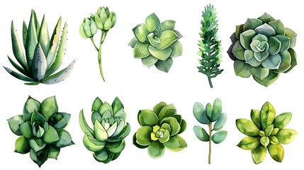 Poster - Detailed Watercolor Succulent Leaves Collection on White Background for Botanical and Nature Designs