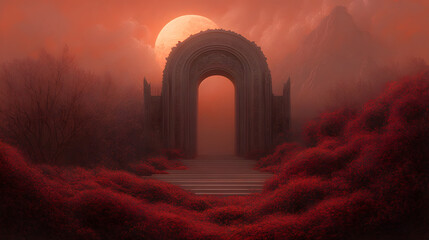 Stone archway leads to misty landscape with red sky and moon.