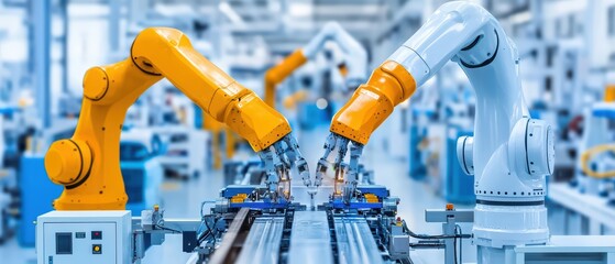 Poster - Robotic arms efficiently working in a modern factory setting, showcasing advanced manufacturing automation technology.